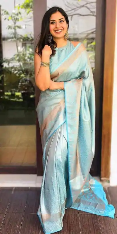  KP 4041 Sky Blue Color Soft Lichi Silk Jacquard Work On All Over Saree Casual, Wedding, Festive, Events . Expected Delivery  4-6 Working Days @1349/- only                                                                                                                                             | Embroidered Sarees, Bollywood Sarees, Creative Sarees, Designer Sarees, Ethnic Saree, Modern Digital sarees, Party Wear Sarees, Sarees