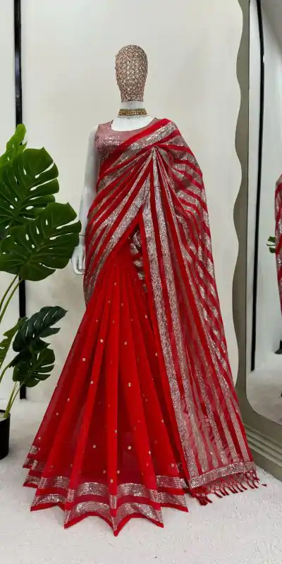 KD 582 Red Color Georgette Thread Sequence Work Saree Casual, Wedding, Festive, Events . Expected Delivery  4-6 Working Days @1999/- only                                                                                                                                           | Embroidered Sarees, Bollywood Sarees, Creative Sarees, Designer Sarees, Ethnic Saree, Modern Digital sarees, Party Wear Sarees, Sarees