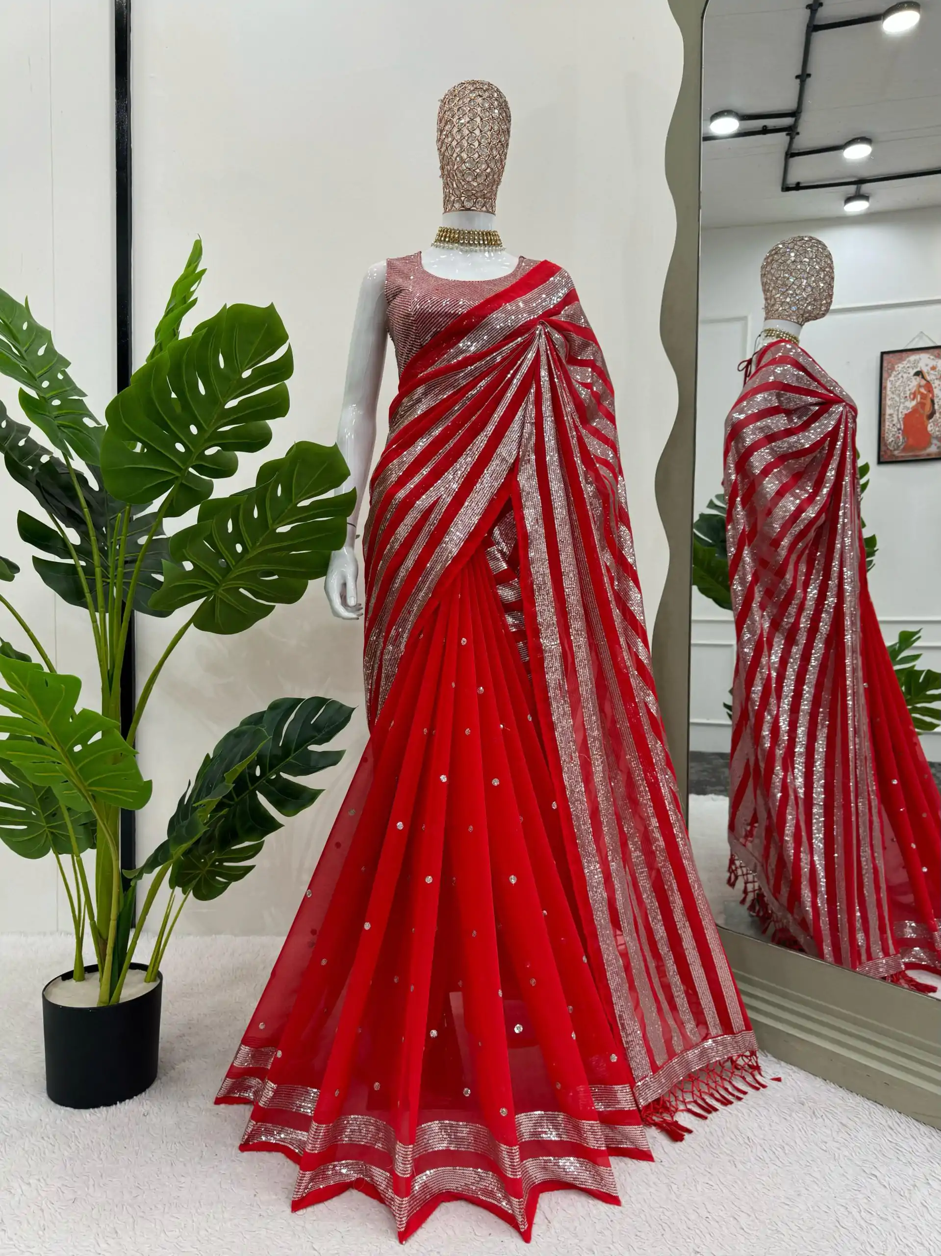 KD 582 Red Color Georgette Thread Sequence Work Saree Casual, Wedding, Festive, Events . Expected Delivery  4-6 Working Days @1999/- only                                                                                                                                           | Embroidered Sarees, Bollywood Sarees, Creative Sarees, Designer Sarees, Ethnic Saree, Modern Digital sarees, Party Wear Sarees, Sarees