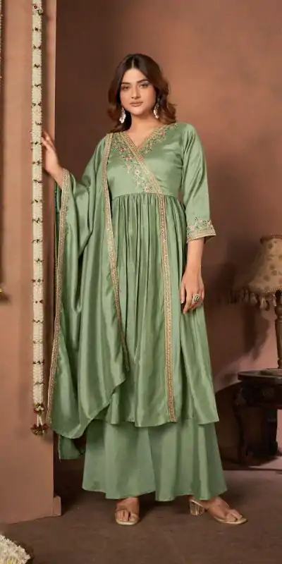 BE 316 Pista Color Vichitra Silk Embroidery Work Salwar Suit Casual, Wedding, Festive, Events . Expected Delivery  4-6 Working Days @2299/- only      | Casual Suits, Jump Suits, Creative suits, Designer Suits, Palazzo Suits, Party Wear Suits, Patiala Suits, Salwar suit, Straight Suits