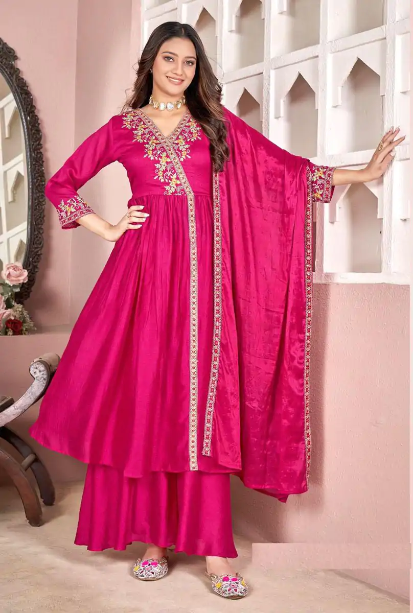 BE 316 Rani Pink Color Vichitra Silk Embroidery Work Salwar Suit Casual, Wedding, Festive, Events . Expected Delivery  4-6 Working Days @2299/- only      | Casual Suits, Jump Suits, Creative suits, Designer Suits, Palazzo Suits, Party Wear Suits, Patiala Suits, Salwar suit, Straight Suits