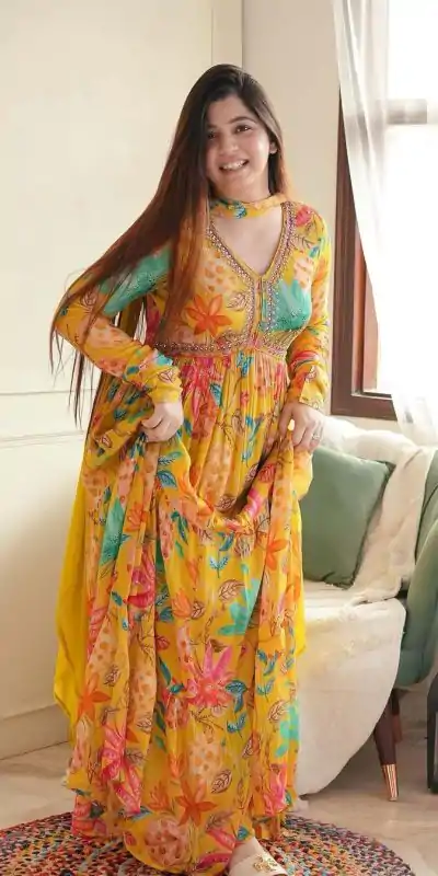 KF 1616 Yellow Color Foix Georgette Sequence Work With Ruffle Gown Casual, Wedding, Party, Festive, Events Etc.4-6 Working Days@ 1899/-only | Bollywood Gowns, Creative Gowns, Designer Gowns, Embroidered Gowns, Gowns, Party Wear Gowns