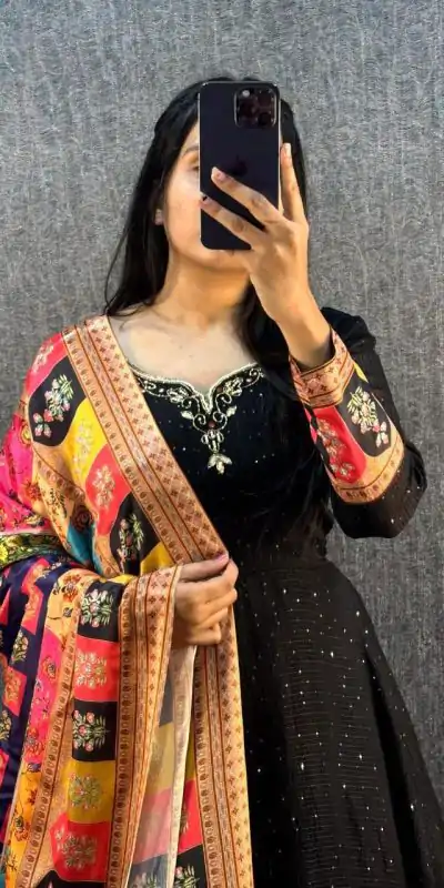 MF 781 Black Georgette Wide Sequence Work Anarkali Gown Wedding Party, Festive, Events Etc.4-6 Working Days @ 1649/ - only | Bollywood Gowns, Creative Gowns, Designer Gowns, Embroidered Gowns, Gowns, Party Wear Gowns, Straight Suits