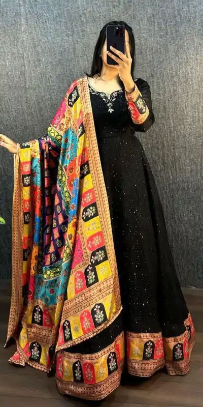 MF 781 Black Georgette Wide Sequence Work Anarkali Gown Wedding Party, Festive, Events Etc.4-6 Working Days @ 1649/ - only | Bollywood Gowns, Creative Gowns, Designer Gowns, Embroidered Gowns, Gowns, Party Wear Gowns, Straight Suits