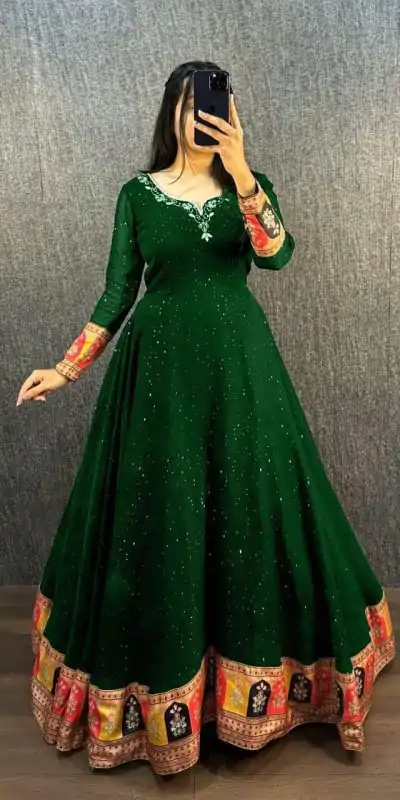 MF 781 Green Georgette Wide Sequence Work Anarkali Gown Wedding Party, Festive, Events Etc.4-6 Working Days @ 1649/ - only | Bollywood Gowns, Creative Gowns, Designer Gowns, Embroidered Gowns, Gowns, Party Wear Gowns, Straight Suits