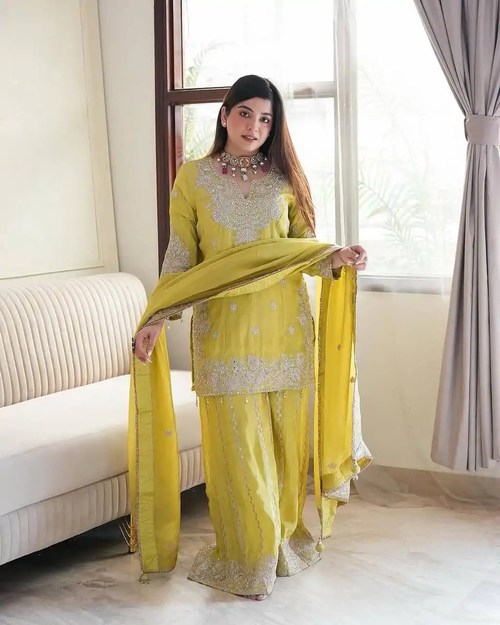 SSR 5002 Lemon Yellow Color Chinon Sequence Rivet Moti Salwar Suit Casual, Wedding, Festive, Events . Expected Delivery  4-6 Working Days @2149/- only      | Casual Suits, Jump Suits, Creative suits, Designer Suits, Palazzo Suits, Party Wear Suits, Patiala Suits, Salwar suit, Straight Suits