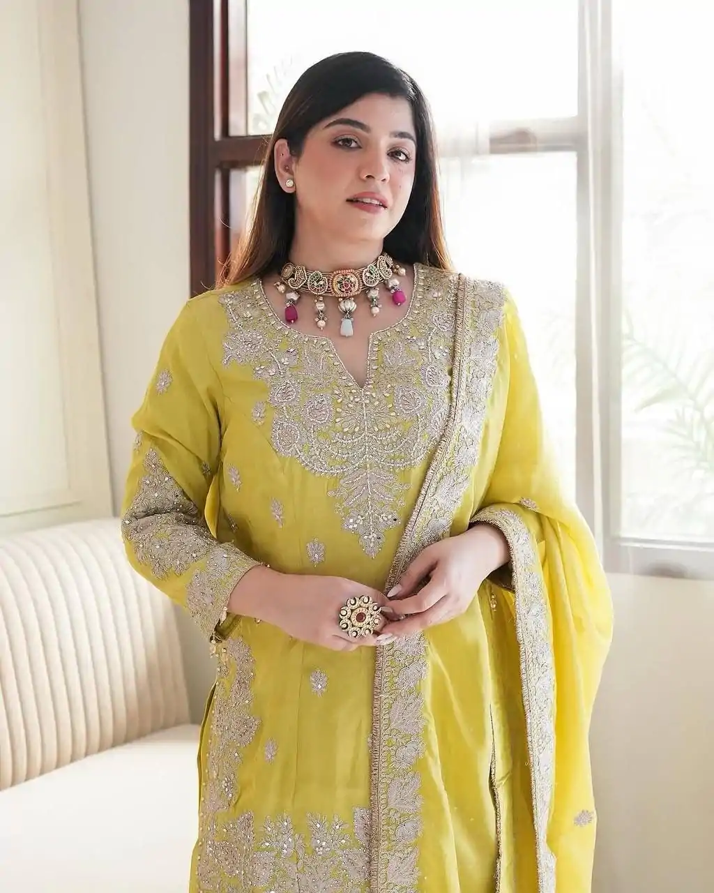 SSR 5002 Lemon Yellow Color Chinon Sequence Rivet Moti Salwar Suit Casual, Wedding, Festive, Events . Expected Delivery  4-6 Working Days @2149/- only      | Casual Suits, Jump Suits, Creative suits, Designer Suits, Palazzo Suits, Party Wear Suits, Patiala Suits, Salwar suit, Straight Suits