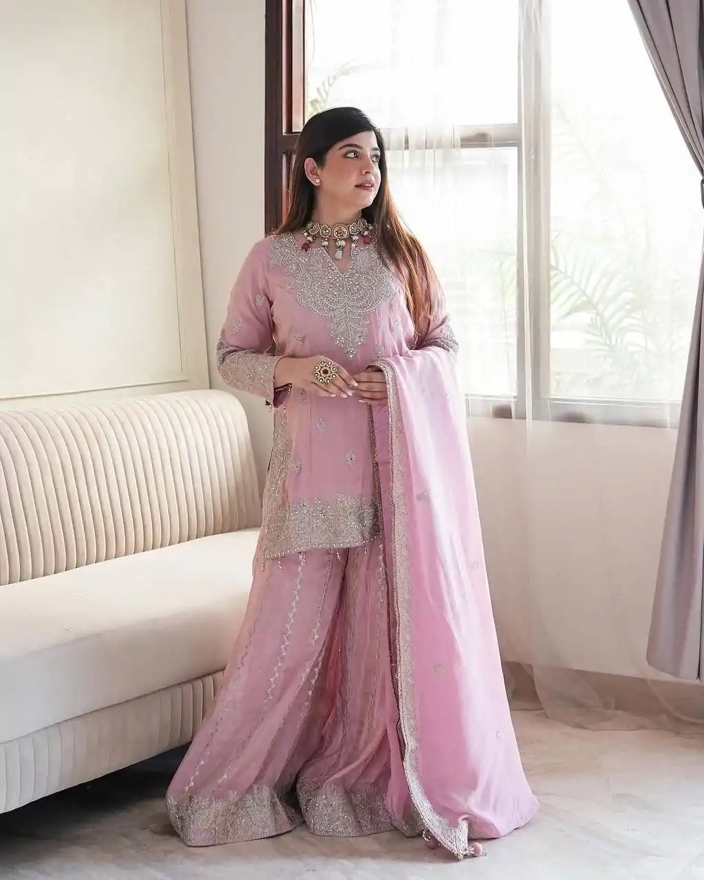 SSR 5002 Pink Color Chinon Sequence Rivet Moti Salwar Suit Casual, Wedding, Festive, Events . Expected Delivery  4-6 Working Days @2149/- only      | Casual Suits, Jump Suits, Creative suits, Designer Suits, Palazzo Suits, Party Wear Suits, Patiala Suits, Salwar suit, Straight Suits