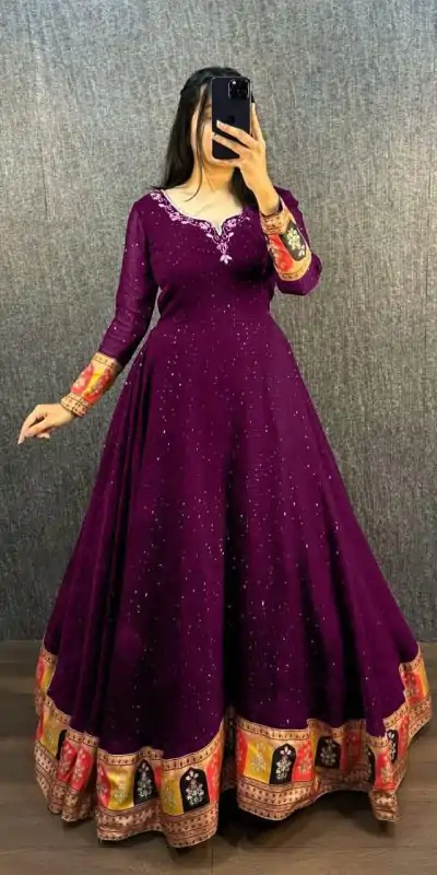MF 781 Wine Georgette Wide Sequence Work Anarkali Gown Wedding Party, Festive, Events Etc.4-6 Working Days @ 1649/ - only | Bollywood Gowns, Creative Gowns, Designer Gowns, Embroidered Gowns, Gowns, Party Wear Gowns, Straight Suits