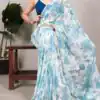 Blue Weightless Marble Floral Print Pearl Lace Border Saree