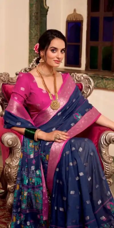 YNF 7031 Navy Blue Color Poly Cotton Kalamkari Print Saree Casual, Wedding, Festive, Events . Expected Delivery  4-6 Working Days @1699/- only                                                                                                                                           | Creative Sarees, Embroidered Sarees, Bollywood Sarees, Designer Sarees, Ethnic Saree, Modern Digital sarees, Party Wear Sarees, Sarees