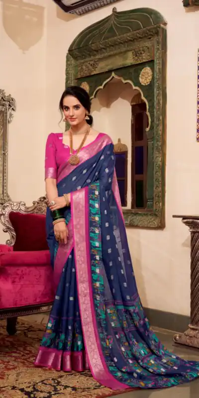 YNF 7031 Navy Blue Color Poly Cotton Kalamkari Print Saree Casual, Wedding, Festive, Events . Expected Delivery  4-6 Working Days @1699/- only                                                                                                                                           | Creative Sarees, Embroidered Sarees, Bollywood Sarees, Designer Sarees, Ethnic Saree, Modern Digital sarees, Party Wear Sarees, Sarees