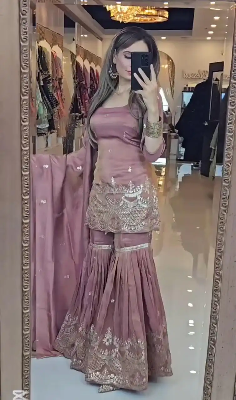 SSR 511 Onion Color Chinon Silk Sequence Work Salwar Suit Casual, Wedding, Festive, Events . Expected Delivery  4-6 Working Days @2099/- only      | Casual Suits, Jump Suits, Creative suits, Designer Suits, Palazzo Suits, Party Wear Suits, Patiala Suits, Salwar suit, Straight Suits