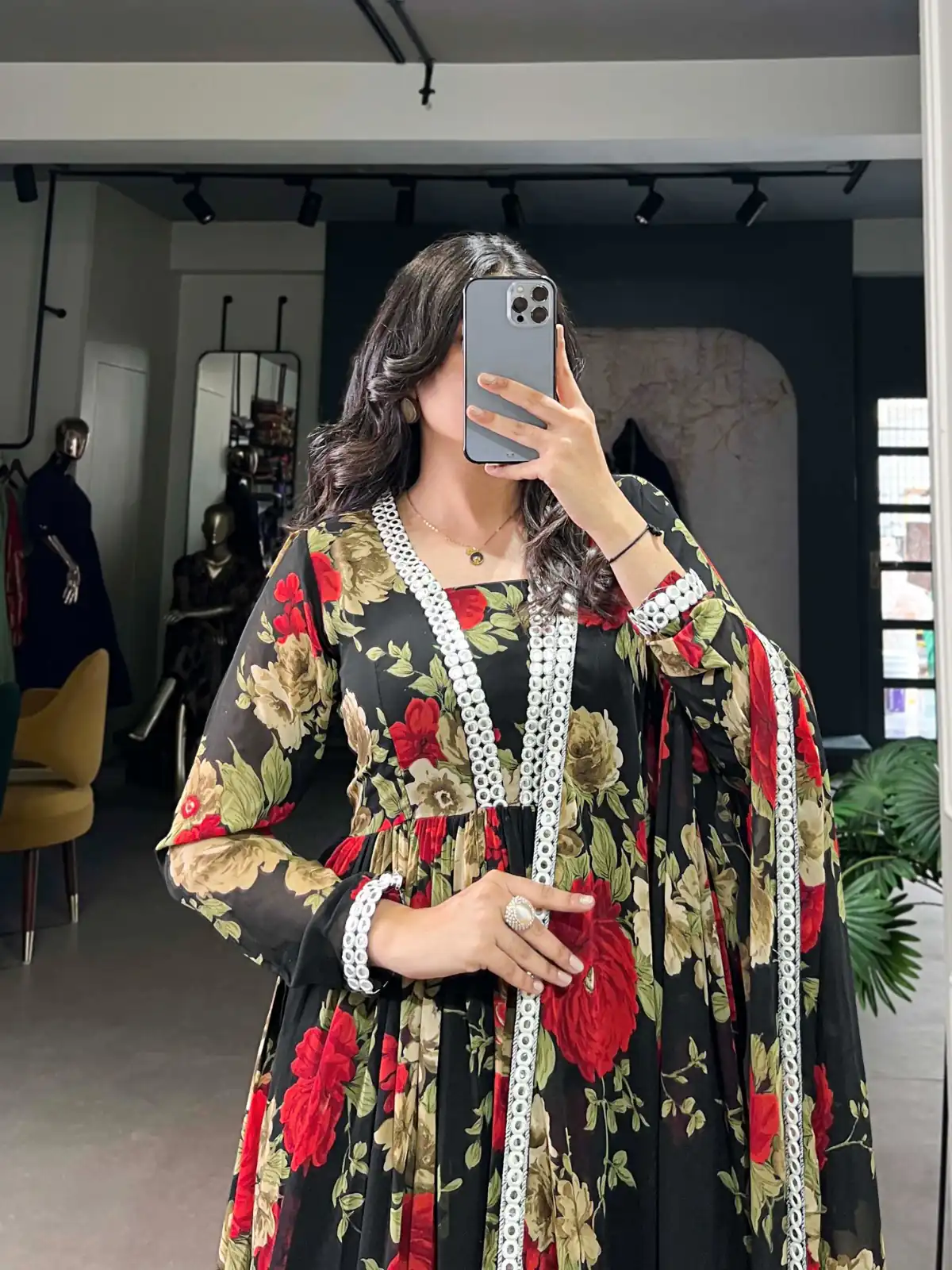 YNF 5040 Red Color Georgette Floral Printed Paper Mirror Lace Gown Casual, Wedding, Party, Festive, Events Etc. Expected Delivery 4-6 Working Days @1899/- | Bollywood Gowns, Creative Gowns, Designer Gowns, Embroidered Gowns, Gowns, Party Wear Gowns