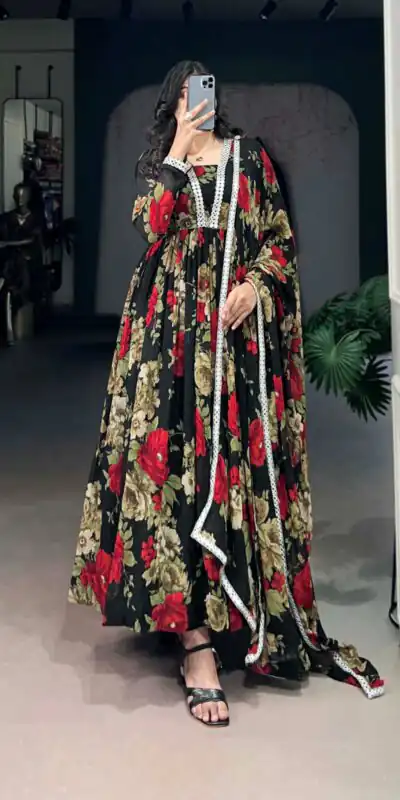 YNF 5040 Red Color Georgette Floral Printed Paper Mirror Lace Gown Casual, Wedding, Party, Festive, Events Etc. Expected Delivery 4-6 Working Days @1899/- | Bollywood Gowns, Creative Gowns, Designer Gowns, Embroidered Gowns, Gowns, Party Wear Gowns