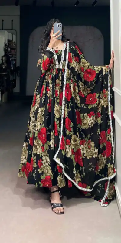 YNF 5040 Red Color Georgette Floral Printed Paper Mirror Lace Gown Casual, Wedding, Party, Festive, Events Etc. Expected Delivery 4-6 Working Days @1899/- | Bollywood Gowns, Creative Gowns, Designer Gowns, Embroidered Gowns, Gowns, Party Wear Gowns