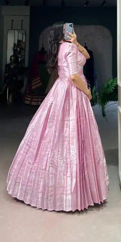 YNF 5321 Pink Color Kanjivaram Zari Weaving Work Gown Casual, Wedding, Festive, Events . Expected Delivery  4-6 Working Days @1999/- only      | Bollywood Gowns, Creative Gowns, Designer Gowns, Embroidered Gowns, Gowns, Party Wear Gowns