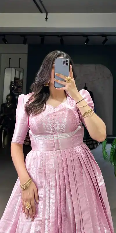 YNF 5321 Pink Color Kanjivaram Zari Weaving Work Gown Casual, Wedding, Festive, Events . Expected Delivery  4-6 Working Days @1999/- only      | Bollywood Gowns, Creative Gowns, Designer Gowns, Embroidered Gowns, Gowns, Party Wear Gowns