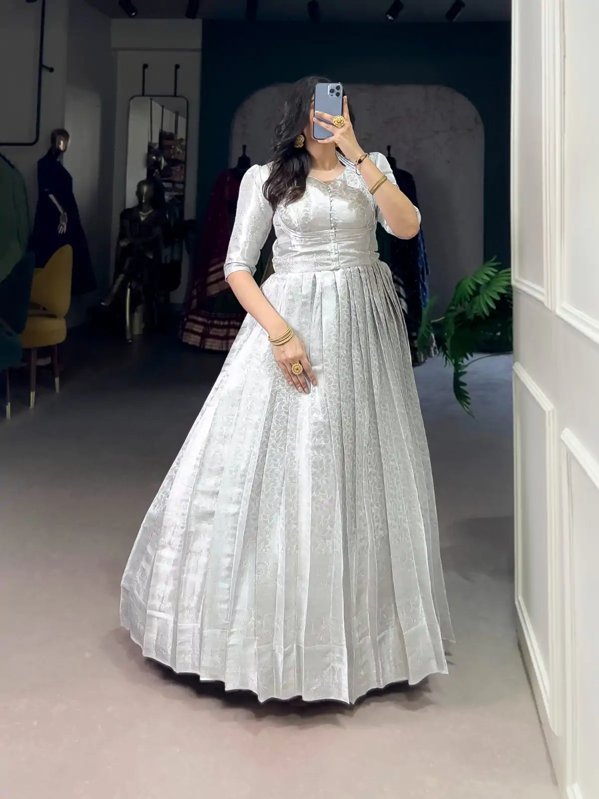 YNF 5321 White Color Kanjivaram Zari Weaving Work Gown Casual, Wedding, Festive, Events . Expected Delivery  4-6 Working Days @1999/- only      | Bollywood Gowns, Creative Gowns, Designer Gowns, Embroidered Gowns, Gowns, Party Wear Gowns