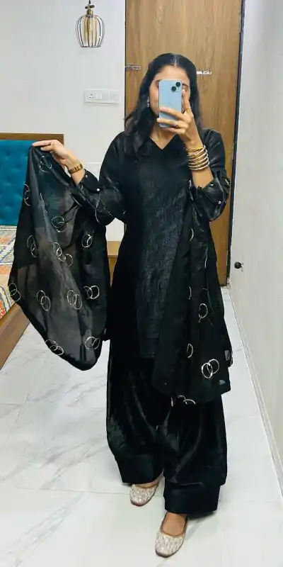 BE 341 Black Color Fendi Silk Salwar Suit Casual, Wedding, Festive, Events . Expected Delivery  4-6 Working Days @1849/- only      | Casual Suits, Jump Suits, Creative suits, Designer Suits, Palazzo Suits, Party Wear Suits, Patiala Suits, Salwar suit, Straight Suits