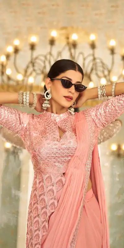 ST 1103 Peach Color Chinon Embroidery Work Lace Border Saree Casual, Wedding, Festive, Events . Expected Delivery  4-6 Working Days @2099/- only                                                                                                                                           | Embroidered Sarees, Bollywood Sarees, Creative Sarees, Designer Sarees, Ethnic Saree, Modern Digital sarees, Party Wear Sarees, Sarees