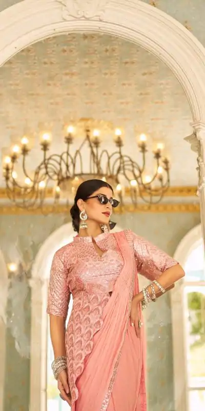 ST 1103 Peach Color Chinon Embroidery Work Lace Border Saree Casual, Wedding, Festive, Events . Expected Delivery  4-6 Working Days @2099/- only                                                                                                                                           | Embroidered Sarees, Bollywood Sarees, Creative Sarees, Designer Sarees, Ethnic Saree, Modern Digital sarees, Party Wear Sarees, Sarees