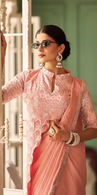 ST 1103 Peach Color Chinon Embroidery Work Lace Border Saree Casual, Wedding, Festive, Events . Expected Delivery  4-6 Working Days @2099/- only                                                                                                                                           | Embroidered Sarees, Bollywood Sarees, Creative Sarees, Designer Sarees, Ethnic Saree, Modern Digital sarees, Party Wear Sarees, Sarees