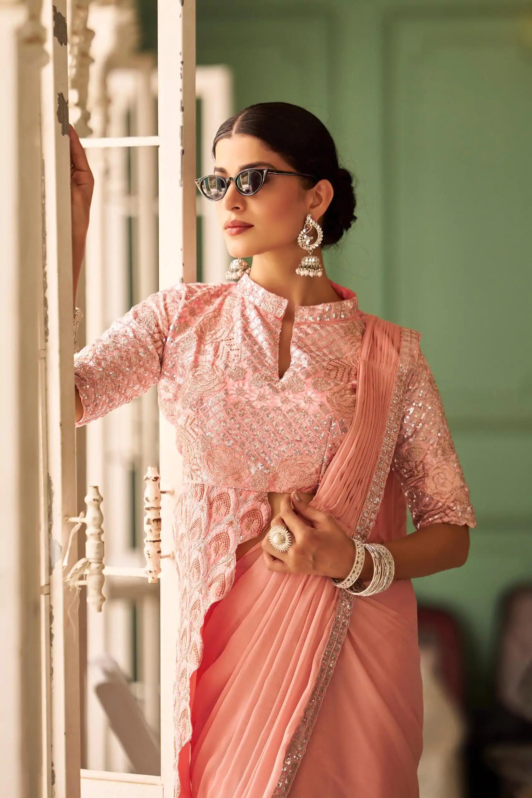 ST 1103 Peach Color Chinon Embroidery Work Lace Border Saree Casual, Wedding, Festive, Events . Expected Delivery  4-6 Working Days @2099/- only                                                                                                                                           | Embroidered Sarees, Bollywood Sarees, Creative Sarees, Designer Sarees, Ethnic Saree, Modern Digital sarees, Party Wear Sarees, Sarees