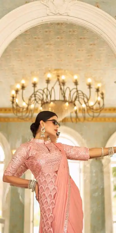 ST 1103 Peach Color Chinon Embroidery Work Lace Border Saree Casual, Wedding, Festive, Events . Expected Delivery  4-6 Working Days @2099/- only                                                                                                                                           | Embroidered Sarees, Bollywood Sarees, Creative Sarees, Designer Sarees, Ethnic Saree, Modern Digital sarees, Party Wear Sarees, Sarees