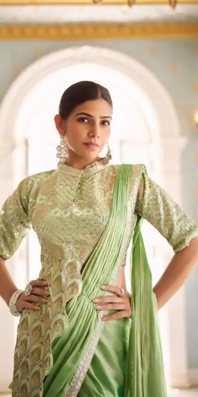 ST 1103 Pista Color Chinon Embroidery Work Lace Border Saree Casual, Wedding, Festive, Events . Expected Delivery  4-6 Working Days @2099/- only                                                                                                                                           | Embroidered Sarees, Bollywood Sarees, Creative Sarees, Designer Sarees, Ethnic Saree, Modern Digital sarees, Party Wear Sarees, Sarees