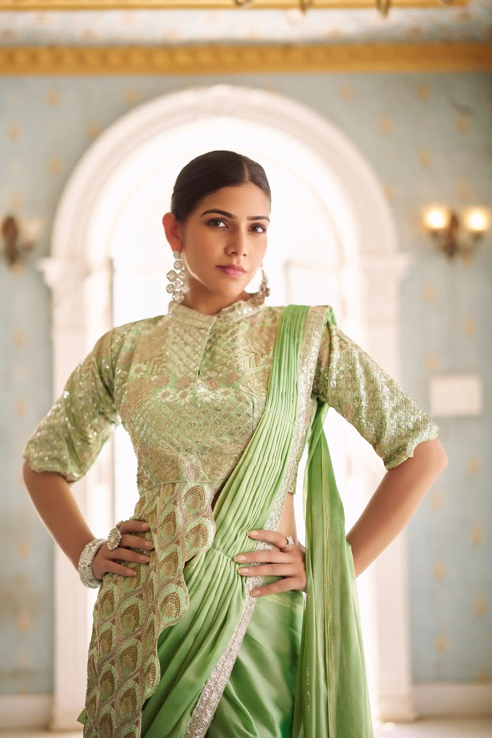 ST 1103 Pista Color Chinon Embroidery Work Lace Border Saree Casual, Wedding, Festive, Events . Expected Delivery  4-6 Working Days @2099/- only                                                                                                                                           | Embroidered Sarees, Bollywood Sarees, Creative Sarees, Designer Sarees, Ethnic Saree, Modern Digital sarees, Party Wear Sarees, Sarees