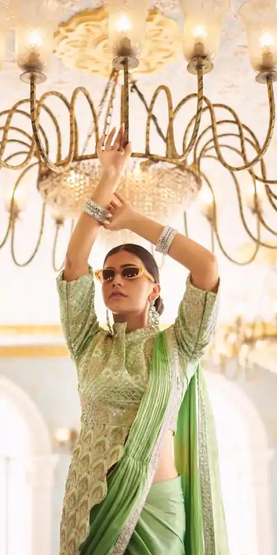 ST 1103 Pista Color Chinon Embroidery Work Lace Border Saree Casual, Wedding, Festive, Events . Expected Delivery  4-6 Working Days @2099/- only                                                                                                                                           | Embroidered Sarees, Bollywood Sarees, Creative Sarees, Designer Sarees, Ethnic Saree, Modern Digital sarees, Party Wear Sarees, Sarees