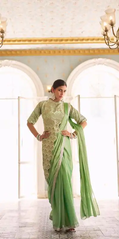 ST 1103 Pista Color Chinon Embroidery Work Lace Border Saree Casual, Wedding, Festive, Events . Expected Delivery  4-6 Working Days @2099/- only                                                                                                                                           | Embroidered Sarees, Bollywood Sarees, Creative Sarees, Designer Sarees, Ethnic Saree, Modern Digital sarees, Party Wear Sarees, Sarees