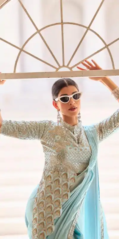 ST 1103 Sky Blue Color Chinon Embroidery Work Lace Border Saree Casual, Wedding, Festive, Events . Expected Delivery  4-6 Working Days @2099/- only                                                                                                                                           | Embroidered Sarees, Bollywood Sarees, Creative Sarees, Designer Sarees, Ethnic Saree, Modern Digital sarees, Party Wear Sarees, Sarees