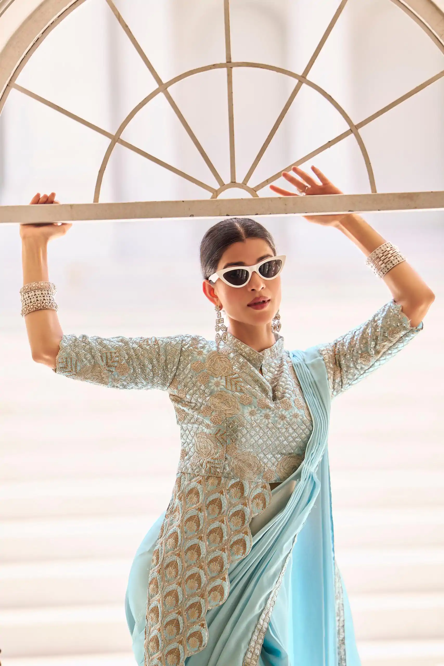 ST 1103 Sky Blue Color Chinon Embroidery Work Lace Border Saree Casual, Wedding, Festive, Events . Expected Delivery  4-6 Working Days @2099/- only                                                                                                                                           | Embroidered Sarees, Bollywood Sarees, Creative Sarees, Designer Sarees, Ethnic Saree, Modern Digital sarees, Party Wear Sarees, Sarees