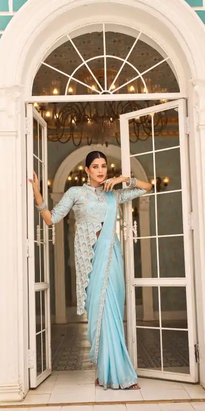 ST 1103 Sky Blue Color Chinon Embroidery Work Lace Border Saree Casual, Wedding, Festive, Events . Expected Delivery  4-6 Working Days @2099/- only                                                                                                                                           | Embroidered Sarees, Bollywood Sarees, Creative Sarees, Designer Sarees, Ethnic Saree, Modern Digital sarees, Party Wear Sarees, Sarees