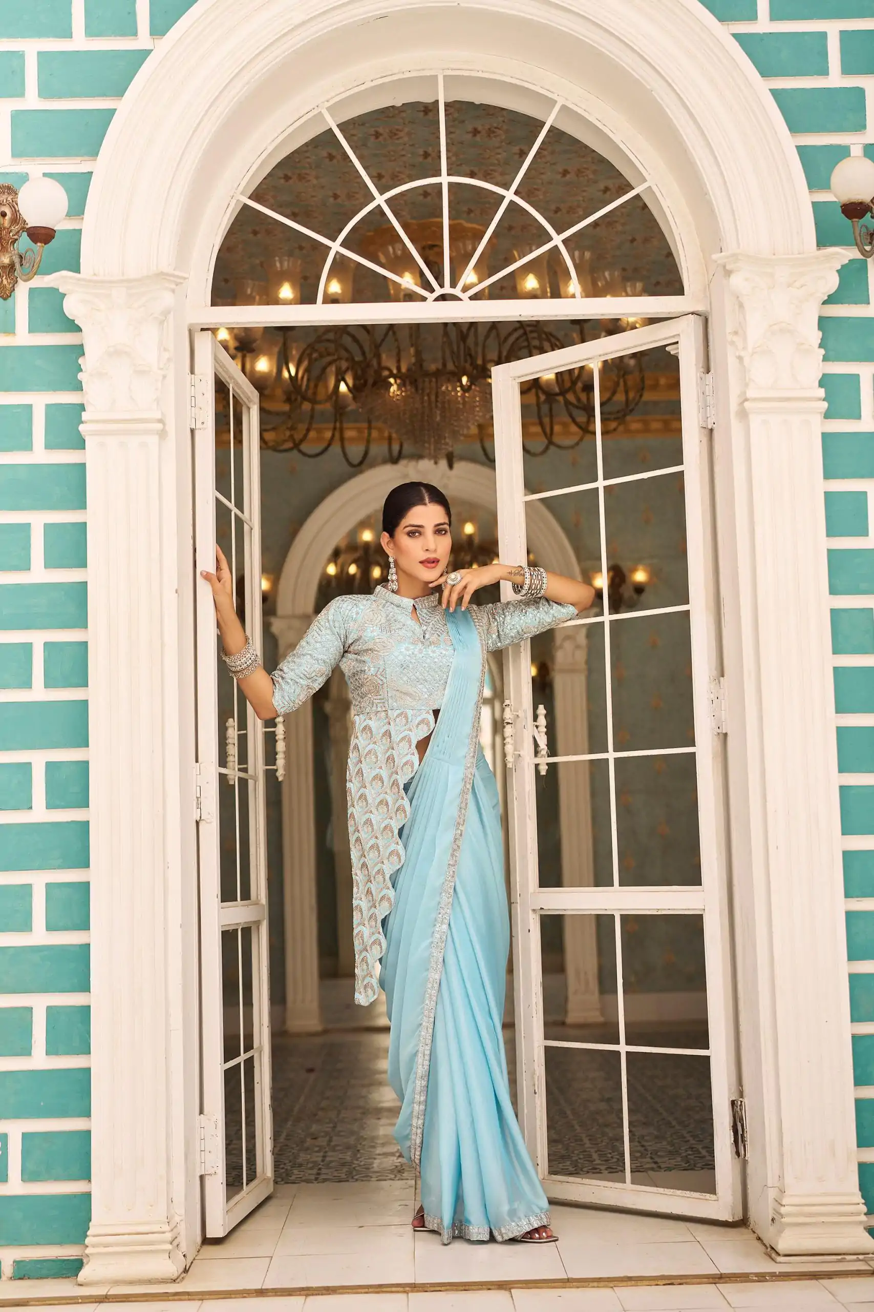 ST 1103 Sky Blue Color Chinon Embroidery Work Lace Border Saree Casual, Wedding, Festive, Events . Expected Delivery  4-6 Working Days @2099/- only                                                                                                                                           | Embroidered Sarees, Bollywood Sarees, Creative Sarees, Designer Sarees, Ethnic Saree, Modern Digital sarees, Party Wear Sarees, Sarees