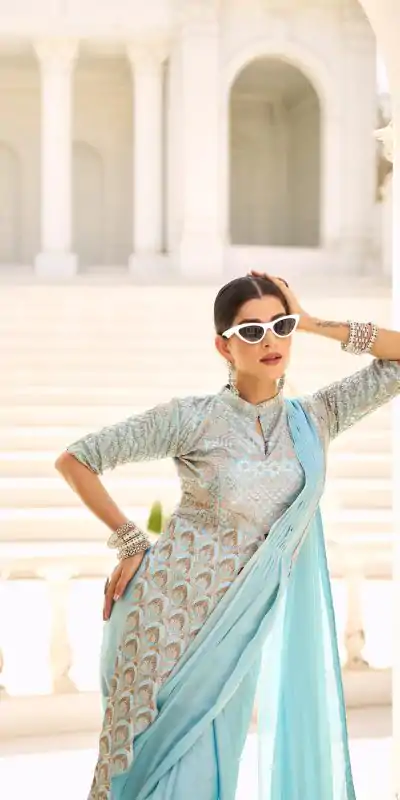 ST 1103 Sky Blue Color Chinon Embroidery Work Lace Border Saree Casual, Wedding, Festive, Events . Expected Delivery  4-6 Working Days @2099/- only                                                                                                                                           | Embroidered Sarees, Bollywood Sarees, Creative Sarees, Designer Sarees, Ethnic Saree, Modern Digital sarees, Party Wear Sarees, Sarees