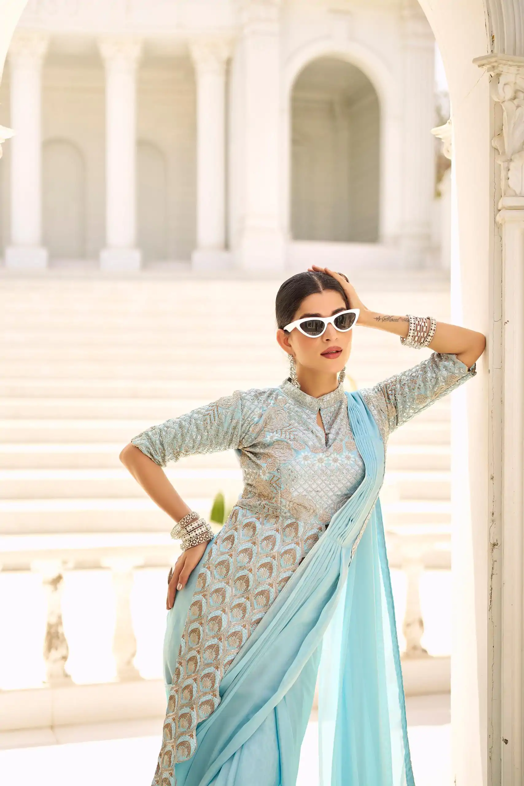 ST 1103 Sky Blue Color Chinon Embroidery Work Lace Border Saree Casual, Wedding, Festive, Events . Expected Delivery  4-6 Working Days @2099/- only                                                                                                                                           | Embroidered Sarees, Bollywood Sarees, Creative Sarees, Designer Sarees, Ethnic Saree, Modern Digital sarees, Party Wear Sarees, Sarees