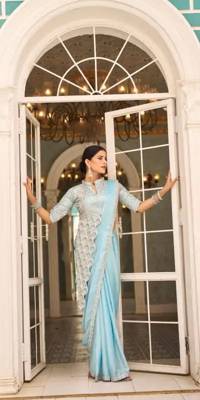 ST 1103 Sky Blue Color Chinon Embroidery Work Lace Border Saree Casual, Wedding, Festive, Events . Expected Delivery  4-6 Working Days @2099/- only                                                                                                                                           | Embroidered Sarees, Bollywood Sarees, Creative Sarees, Designer Sarees, Ethnic Saree, Modern Digital sarees, Party Wear Sarees, Sarees