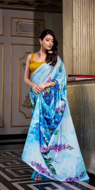 YNF 7026 Sky Blue Color Satin Silk Printed Saree Casual, Wedding, Festive, Events . Expected Delivery  4-6 Working Days @1599/- only                                                                                                                                           | Embroidered Sarees, Bollywood Sarees, Creative Sarees, Designer Sarees, Ethnic Saree, Modern Digital sarees, Party Wear Sarees, Sarees