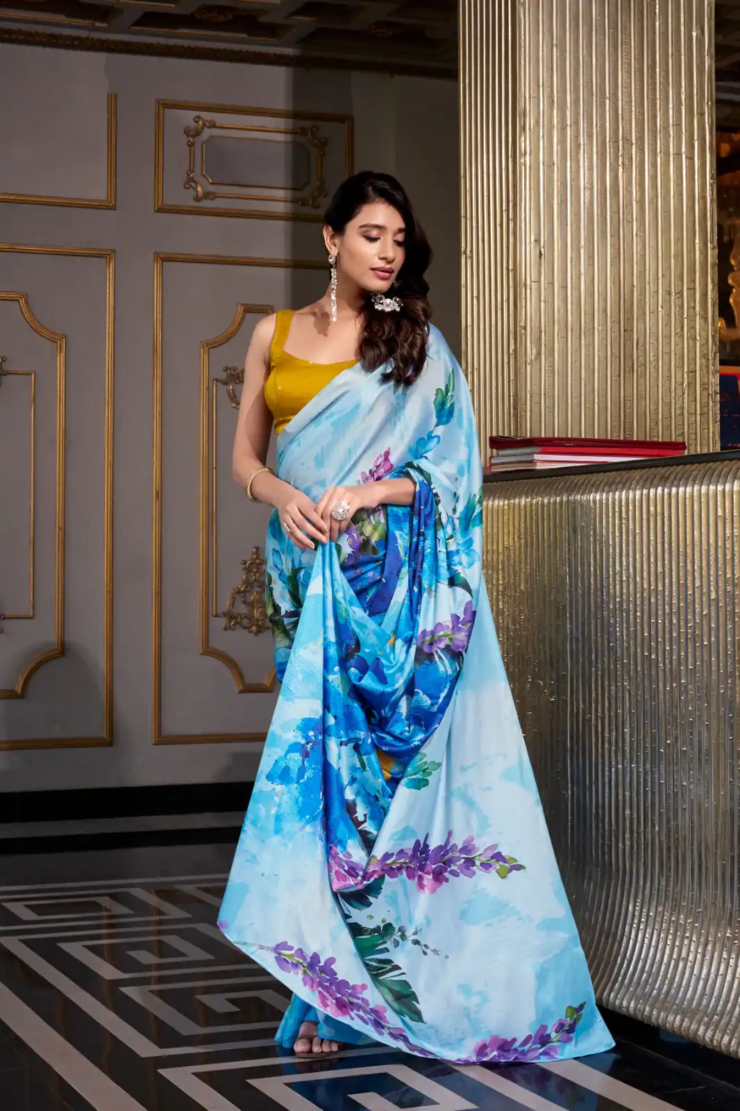 YNF 7026 Sky Blue Color Satin Silk Printed Saree Casual, Wedding, Festive, Events . Expected Delivery  4-6 Working Days @1599/- only                                                                                                                                           | Embroidered Sarees, Bollywood Sarees, Creative Sarees, Designer Sarees, Ethnic Saree, Modern Digital sarees, Party Wear Sarees, Sarees
