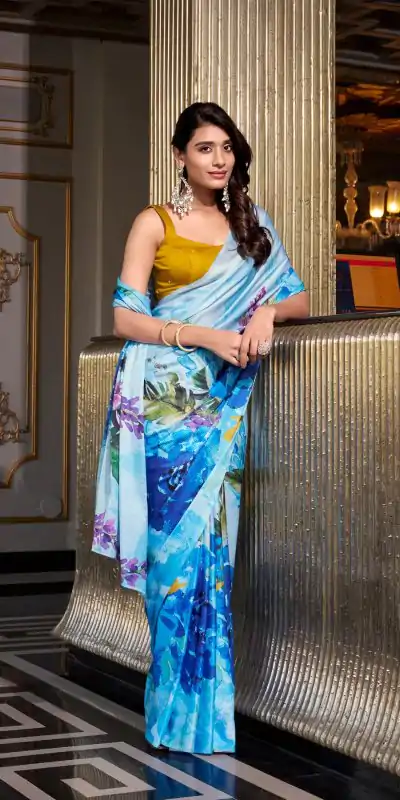 YNF 7026 Sky Blue Color Satin Silk Printed Saree Casual, Wedding, Festive, Events . Expected Delivery  4-6 Working Days @1599/- only                                                                                                                                           | Embroidered Sarees, Bollywood Sarees, Creative Sarees, Designer Sarees, Ethnic Saree, Modern Digital sarees, Party Wear Sarees, Sarees