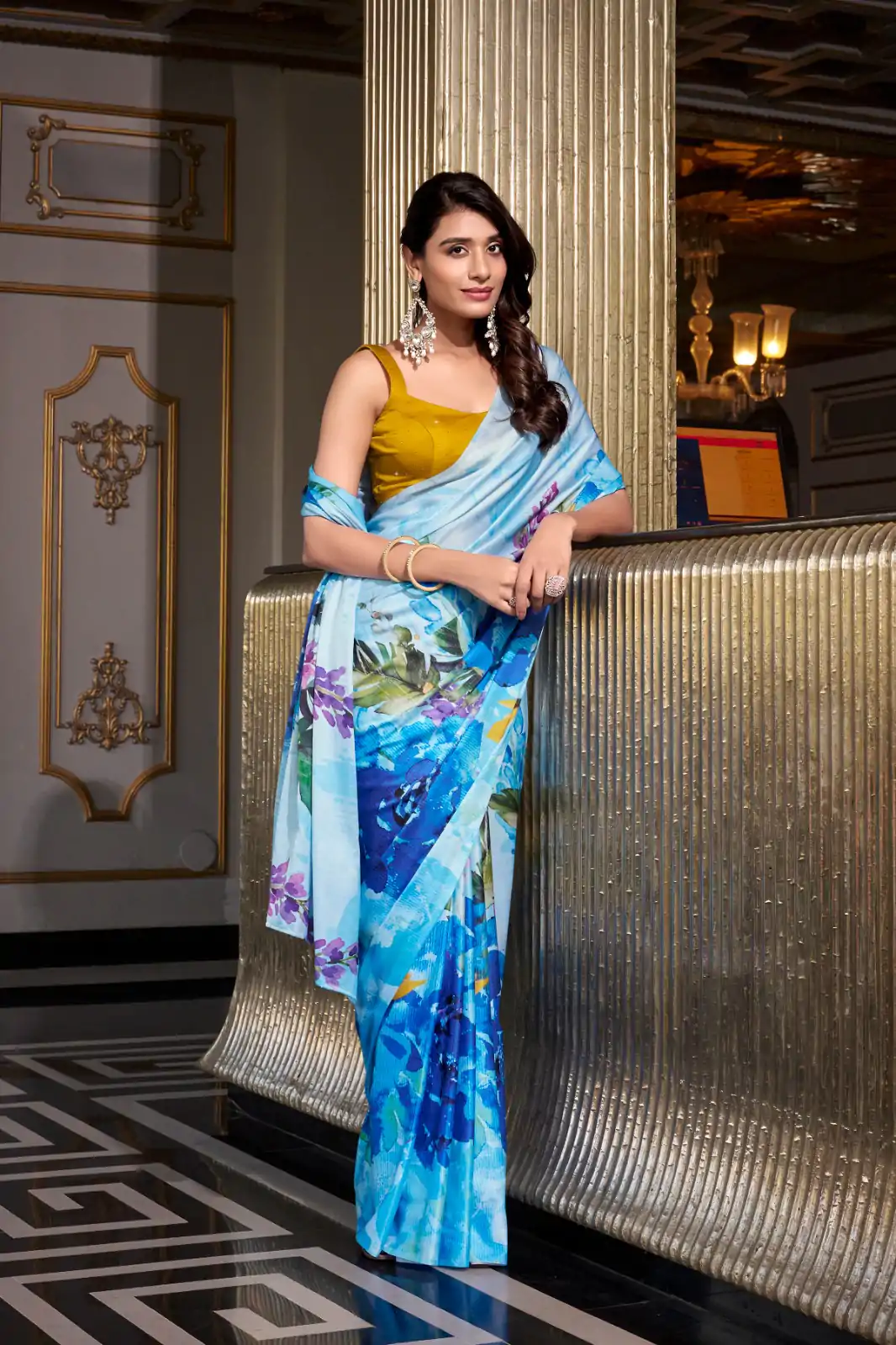 YNF 7026 Sky Blue Color Satin Silk Printed Saree Casual, Wedding, Festive, Events . Expected Delivery  4-6 Working Days @1599/- only                                                                                                                                           | Embroidered Sarees, Bollywood Sarees, Creative Sarees, Designer Sarees, Ethnic Saree, Modern Digital sarees, Party Wear Sarees, Sarees