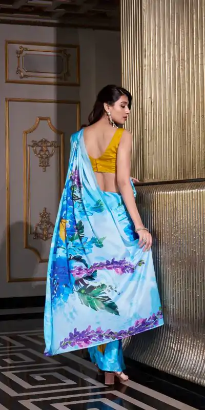 YNF 7026 Sky Blue Color Satin Silk Printed Saree Casual, Wedding, Festive, Events . Expected Delivery  4-6 Working Days @1599/- only                                                                                                                                           | Embroidered Sarees, Bollywood Sarees, Creative Sarees, Designer Sarees, Ethnic Saree, Modern Digital sarees, Party Wear Sarees, Sarees
