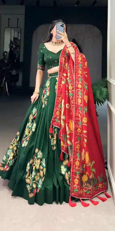LNB 1239 Green Color Tushar Silk Printed Foil Work Lehenga Choli Casual, Wedding, Party, Festive, Events Etc.4-6 Working Days@ 2249/-only | Creative Lehenga, Bollywood Lehenga, Designer Lehenga, Embroidered Lehenga, Lehenga, Party Wear Lehenga