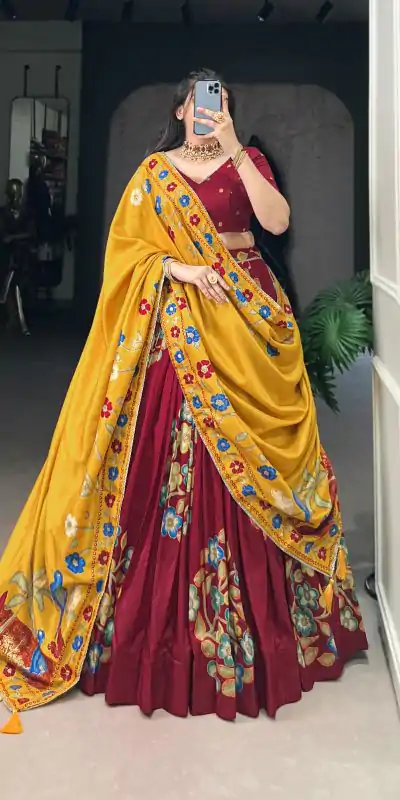 LNB 1239 Maroon Color Tushar Silk Printed Foil Work Lehenga Choli Casual, Wedding, Party, Festive, Events Etc.4-6 Working Days@ 2249/-only | Creative Lehenga, Bollywood Lehenga, Designer Lehenga, Embroidered Lehenga, Lehenga, Party Wear Lehenga