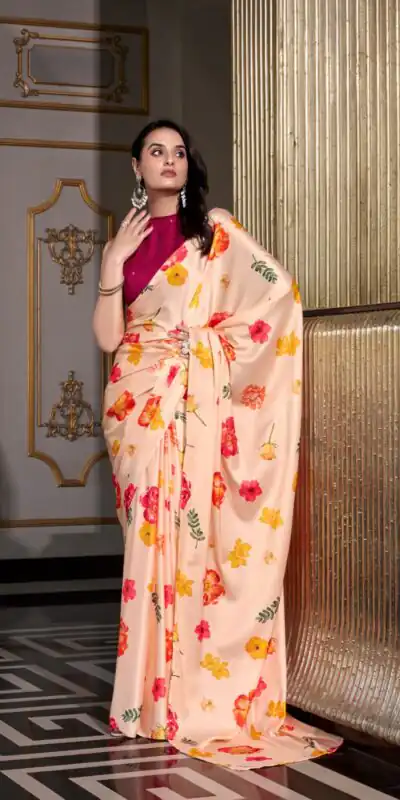 YNF 7026 Cream Color Satin Silk Printed Saree Casual, Wedding, Festive, Events . Expected Delivery  4-6 Working Days @1599/- only                                                                                                                                           | Creative Sarees, Embroidered Sarees, Bollywood Sarees, Designer Sarees, Ethnic Saree, Modern Digital sarees, Party Wear Sarees, Sarees