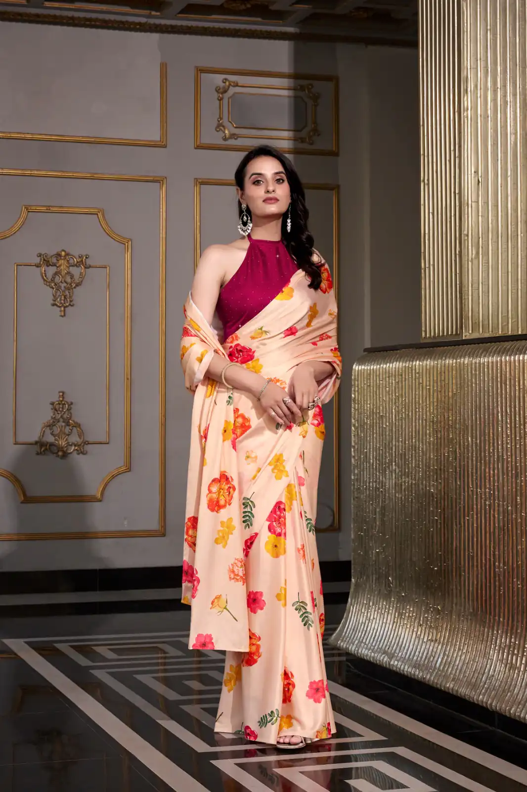 YNF 7026 Cream Color Satin Silk Printed Saree Casual, Wedding, Festive, Events . Expected Delivery  4-6 Working Days @1599/- only                                                                                                                                           | Creative Sarees, Embroidered Sarees, Bollywood Sarees, Designer Sarees, Ethnic Saree, Modern Digital sarees, Party Wear Sarees, Sarees