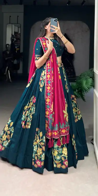 LNB 1239 Peacock Blue Color Tushar Silk Printed Foil Work Lehenga Choli Casual, Wedding, Party, Festive, Events Etc.4-6 Working Days@ 2249/-only | Creative Lehenga, Bollywood Lehenga, Designer Lehenga, Embroidered Lehenga, Lehenga, Party Wear Lehenga